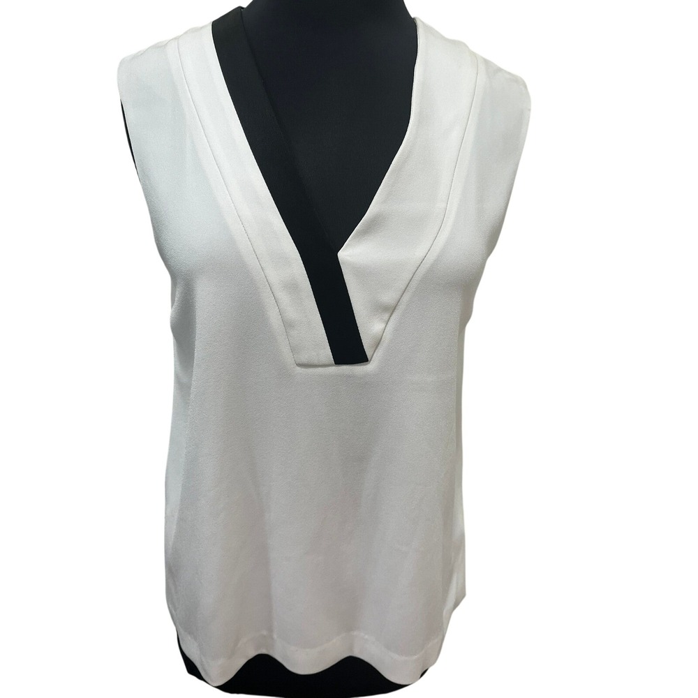 Rag & Bone New York Sleeveless V-Neck Blouse White Black Contrast Trim Small